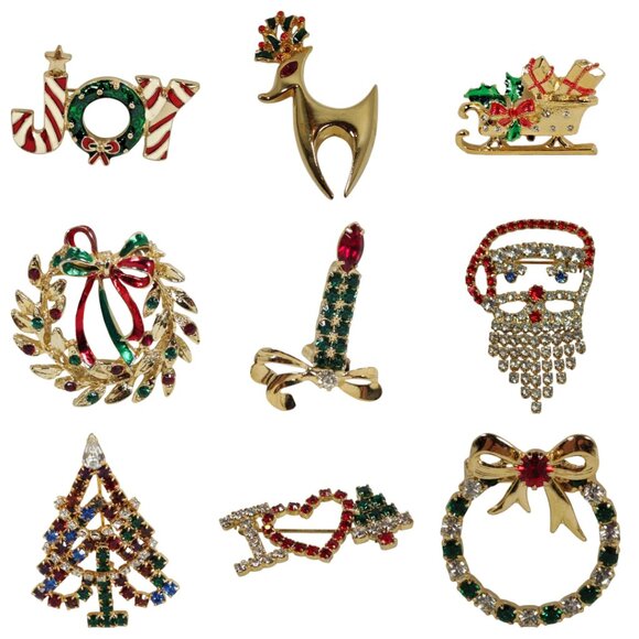 Lot of 9 Christmas Xmas Brooches Gold Tone Metal Multicolor Rhinestones Enamel - Picture 1 of 16